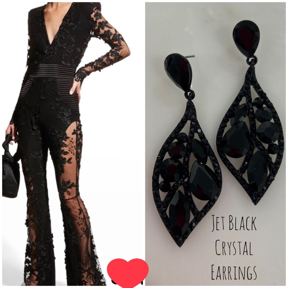 Jet Black Crystal Statement Earrings,Boutique